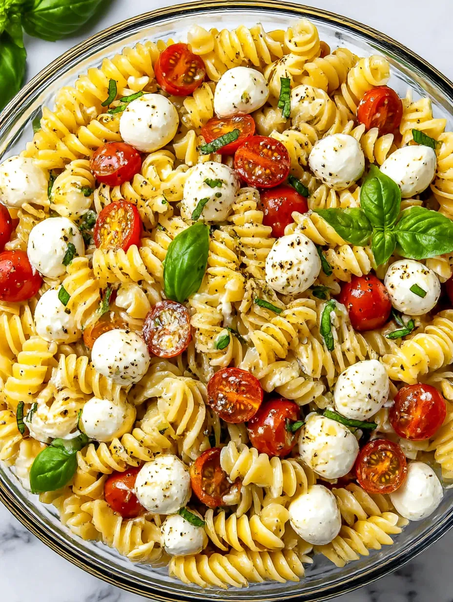Eine Schüssel mit Pasta, Tomaten, Basilikum und Mozzarella.