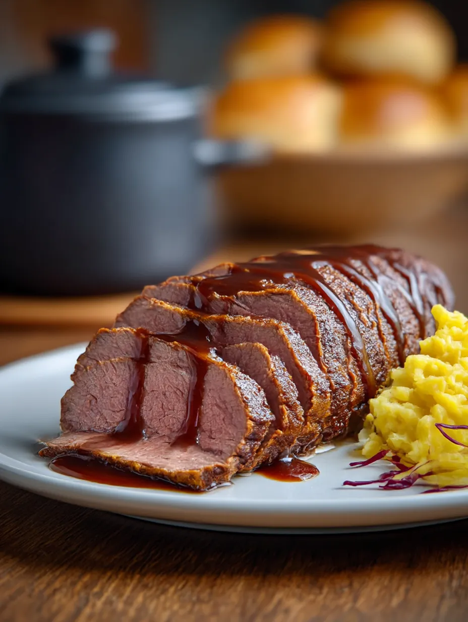 Ein gegrilltes Steak mit Sauce auf einem weißen Teller.