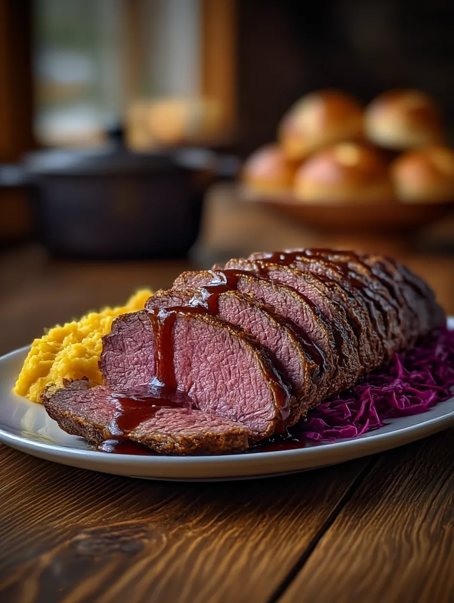 Ein großes Stück Rindfleisch mit Sauce auf einem Teller.