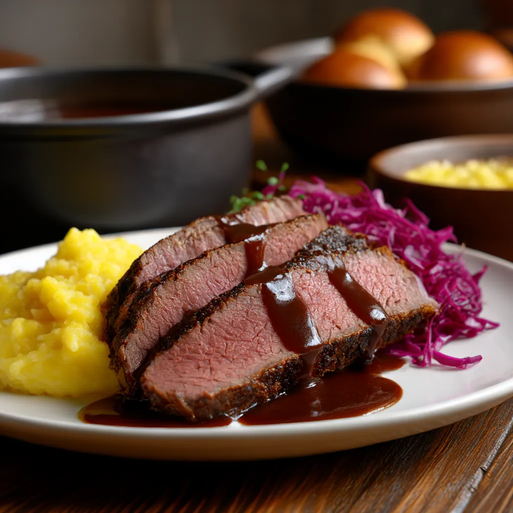 Ein Teller mit Steak, Sauce und Kartoffeln.