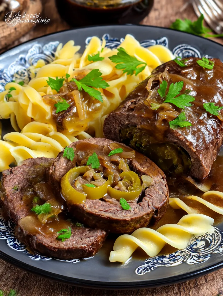 Ein Plate mit gegrilltem Fleisch, Zwiebeln und Spaghetti.