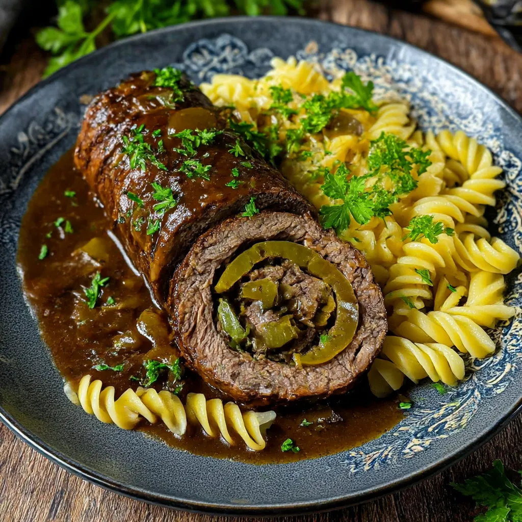 Ein Plate mit Pasta, Kartoffeln und einer Wurstrolle.