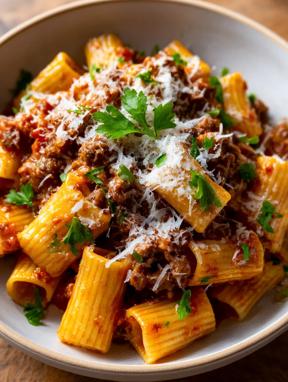 Ein Bild von Penne mit Rindfleisch, Tomaten, Zwiebeln und Parmesan.