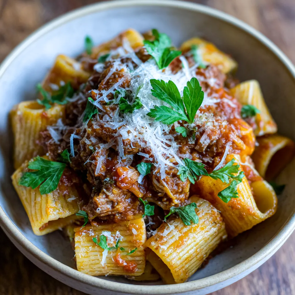 Ein Schälchen mit Pasta, Bolognese und Parmesan.