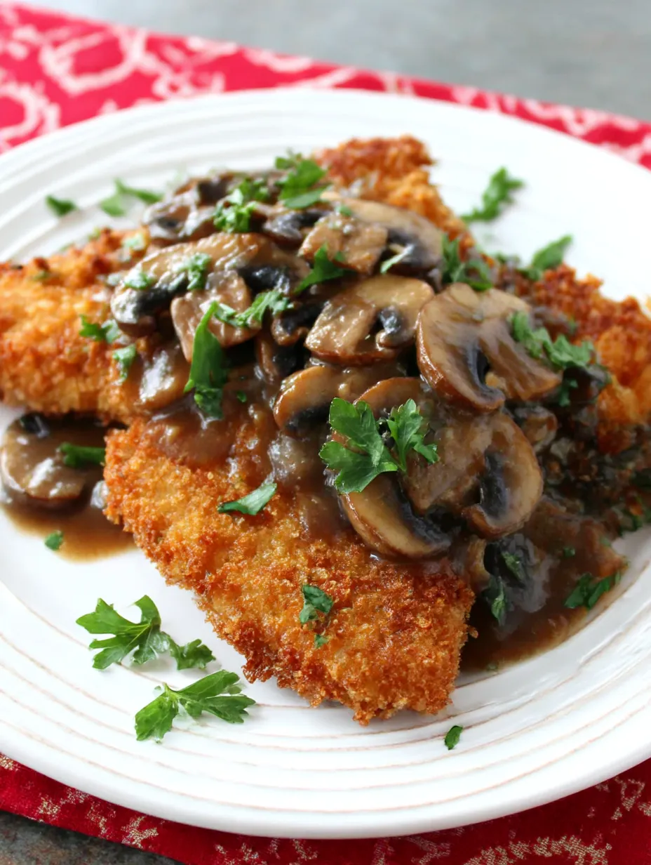 Ein Plate mit gegrillten Steakchen, die mit Sauce und Mushrooms garniert sind.