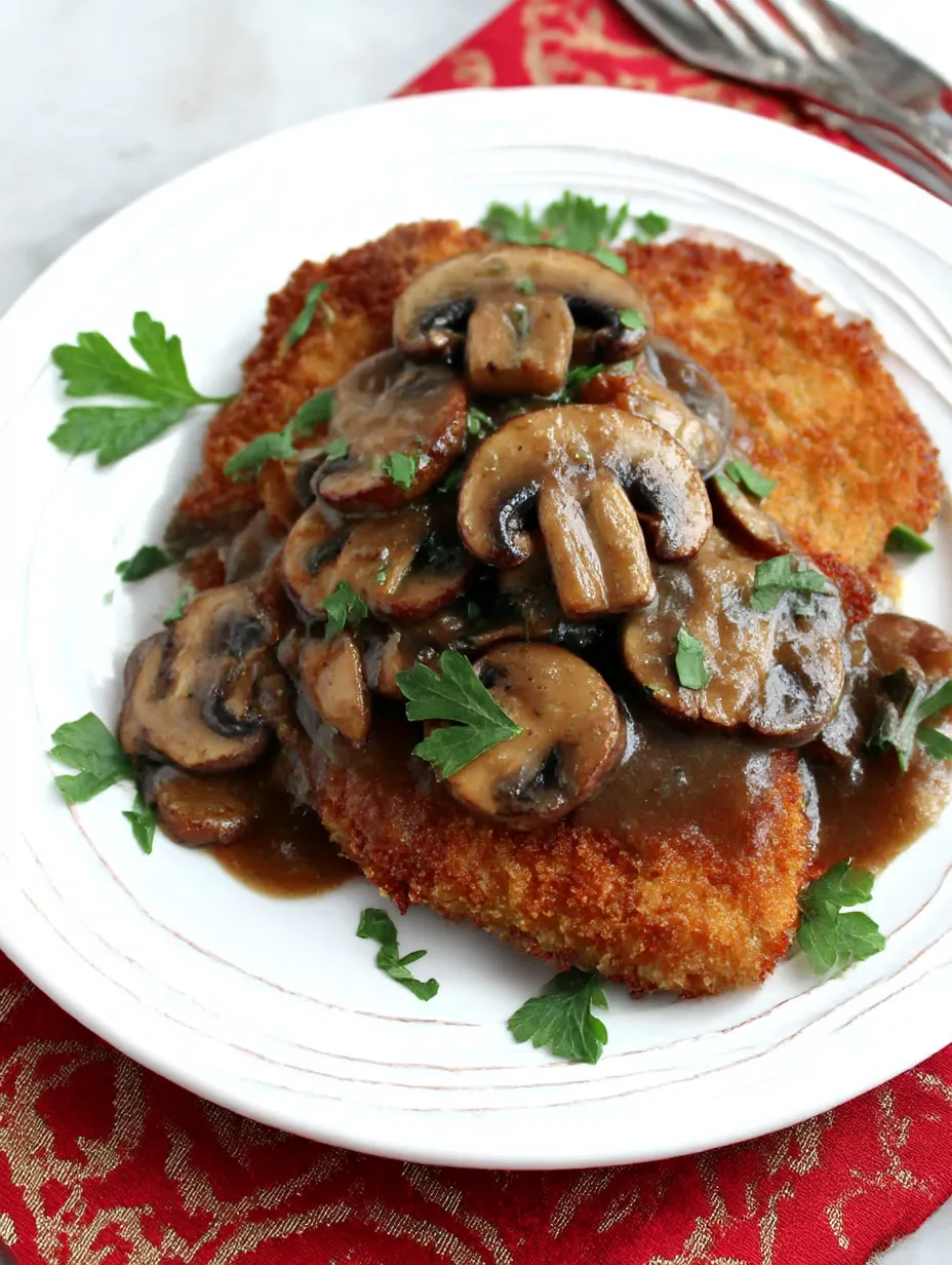 Eine Platte mit gegrilltem Fleisch und mushrooms, garniert mit Parsley.
