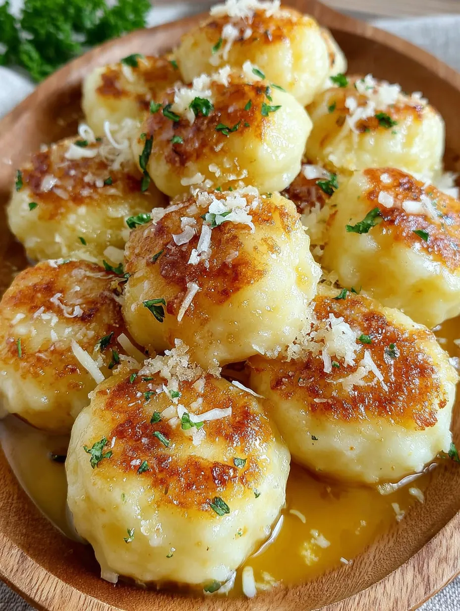 Ein Bild von einer Pfanne mit frisch zubereiteten, mit Parmesan belegten Knödelchen, die in einer Sauce serviert werden.