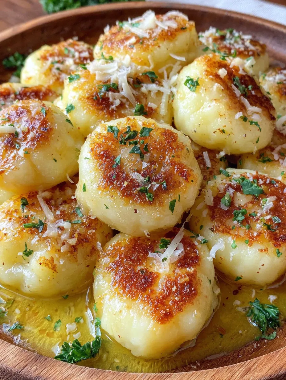 Eine Gruppe von knusprigen, grün garnierten Gnocchi, die in einer Sauce liegen.