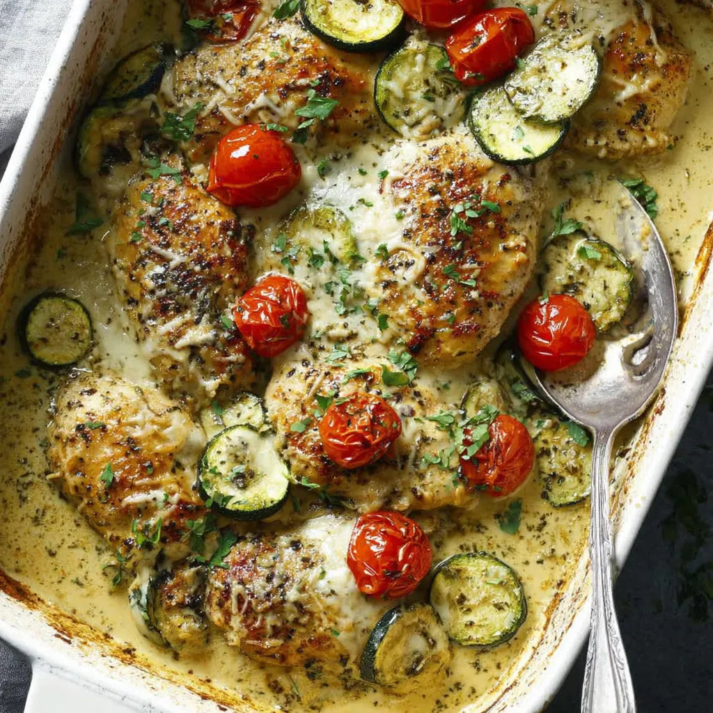 Ein weißer Teller mit einer Mischung aus Zwiebeln, Tomaten, Zucchini und Käse.