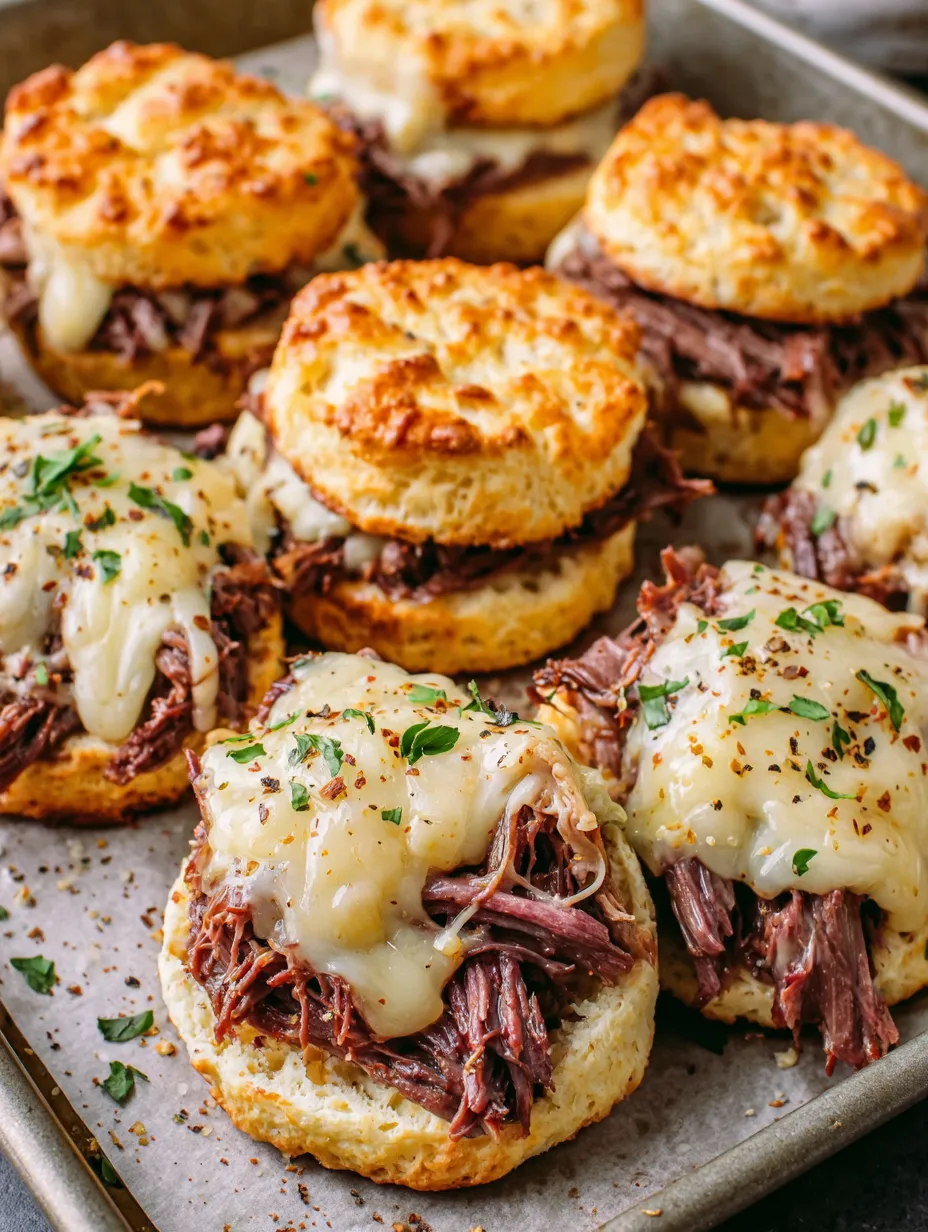 Eine Platte mit sechs Sandwiches, die aus Rindfleisch, K&auml;se und Brot bestehen.