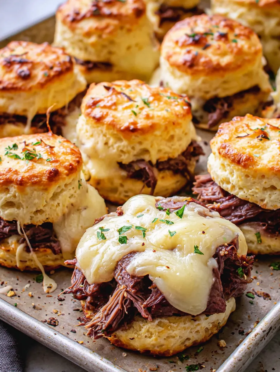 Eine Platte mit verschiedenen Sandwiches, darunter ein Steak-Sandwich, das mit K&auml;se und Zwiebeln garniert ist.