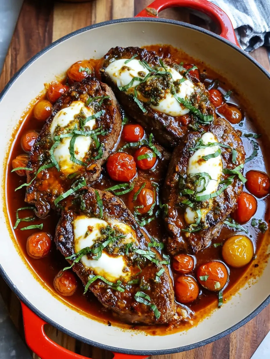 Ein Schmelztopf mit Rindfleisch, Tomaten, Basilikum und Mozzarella.