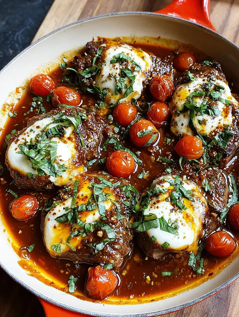 Ein Topf mit Rindfleisch, Tomaten und Basilikum.