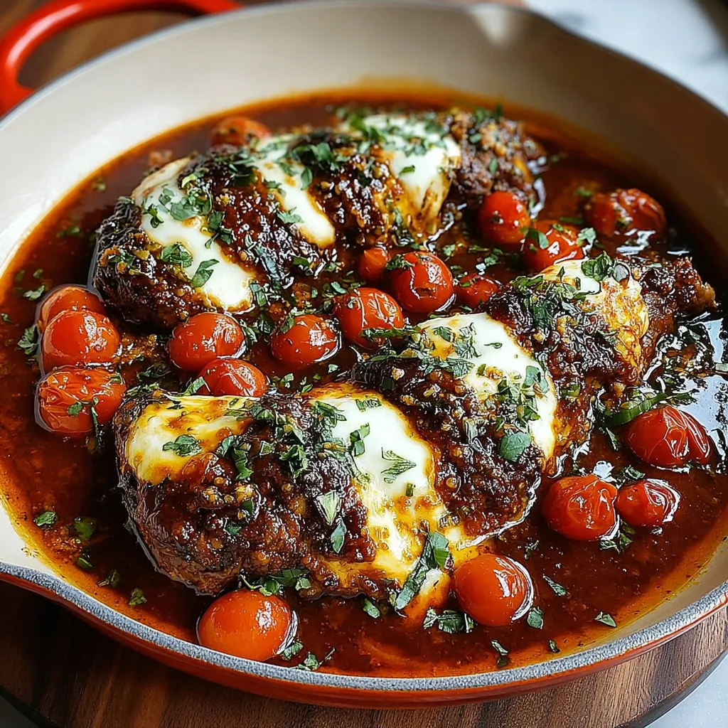 Ein Schmelztopf mit Rindfleisch, Tomaten, Basilikum und Käse.