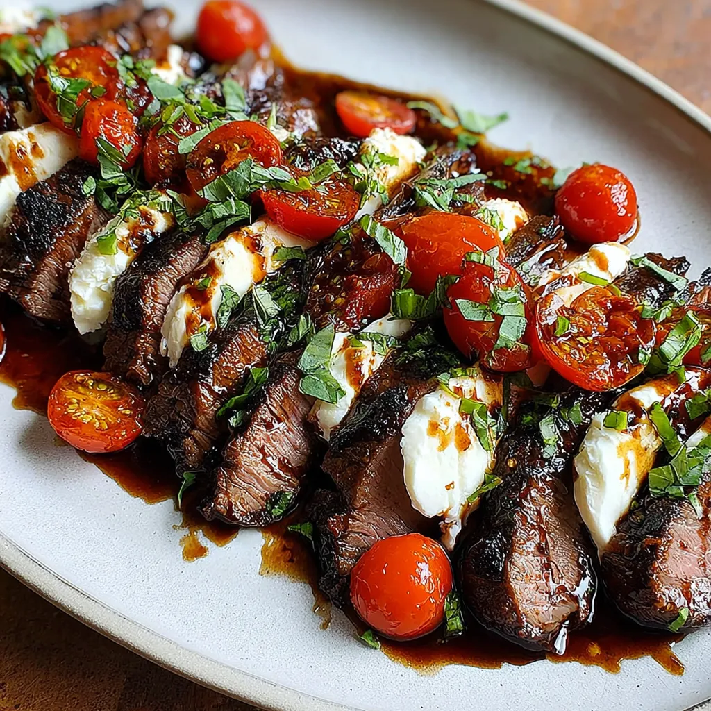 Eine Platte mit Steak, Tomaten, Basilikum und Mozzarella.