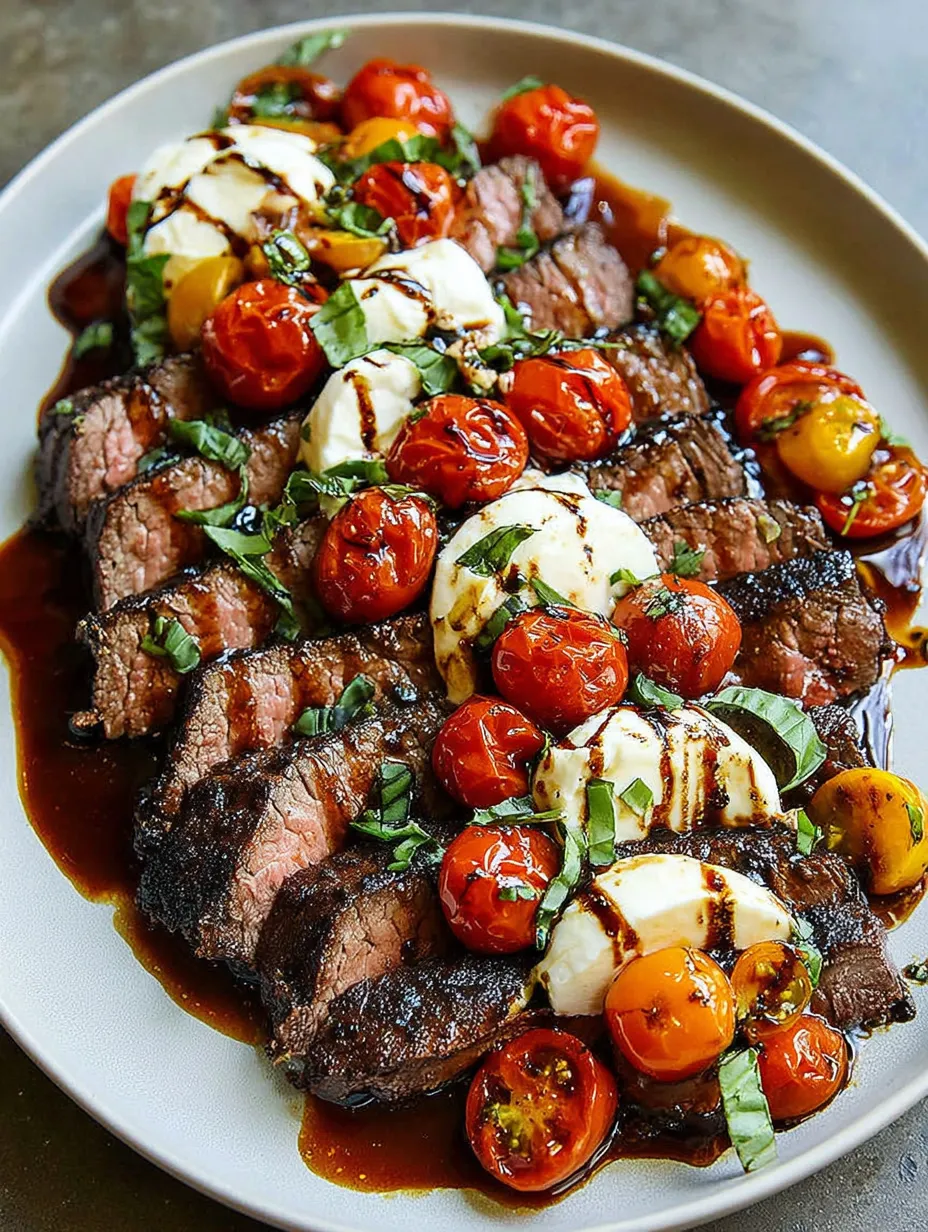 Eine Platte mit Steak und Tomaten.