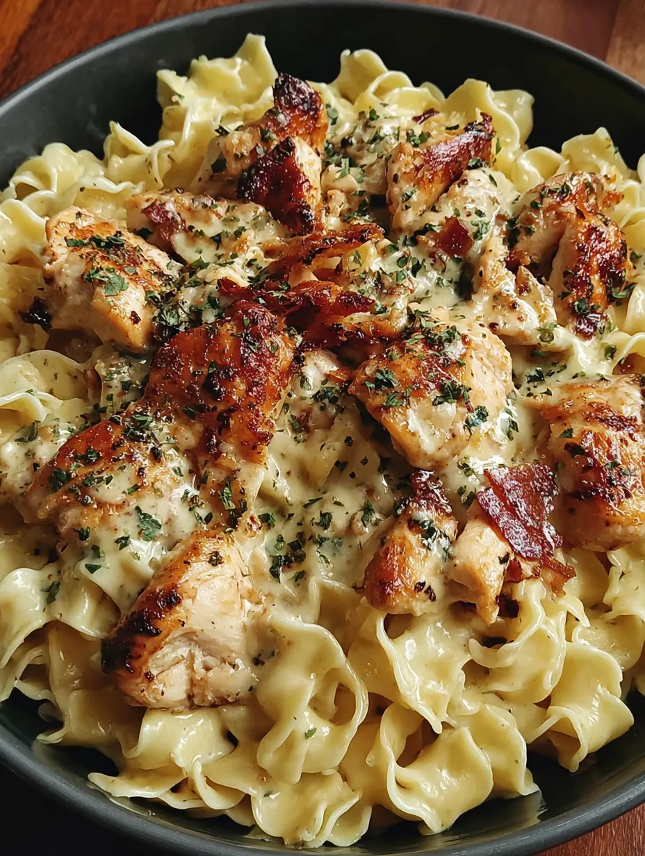 Ein Bild von einer Pasta-Garnitur mit Chicken-Streifen und Bacon.