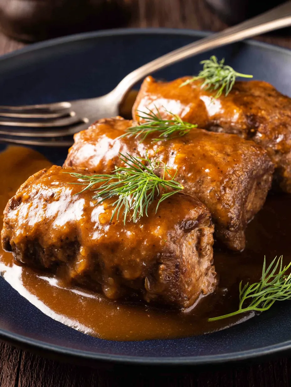 Eine Platte mit zwei Portionen von Steak, die mit Sauce und Kräutern garniert sind.