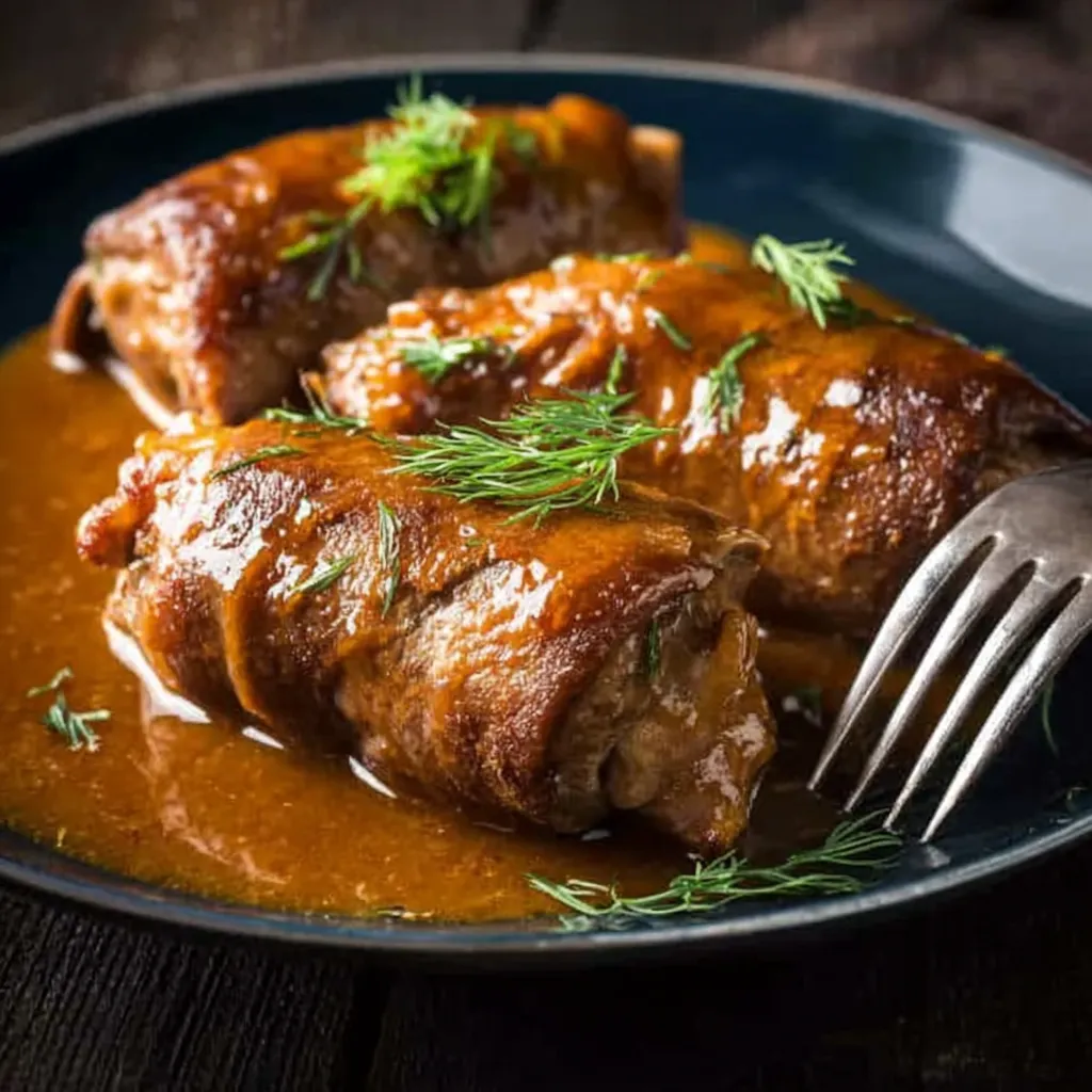 Ein blaues Plate mit zwei Stücken Fleisch, die mit Zwiebeln und Sauce garniert sind.
