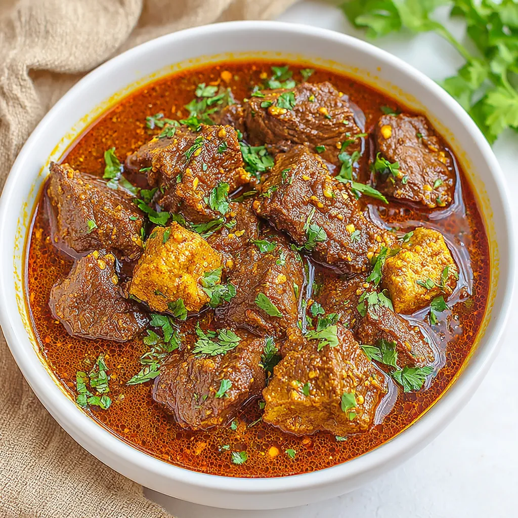 Ein weißer Teller mit einer Mischung aus Fleisch, Gemüse und Curry.