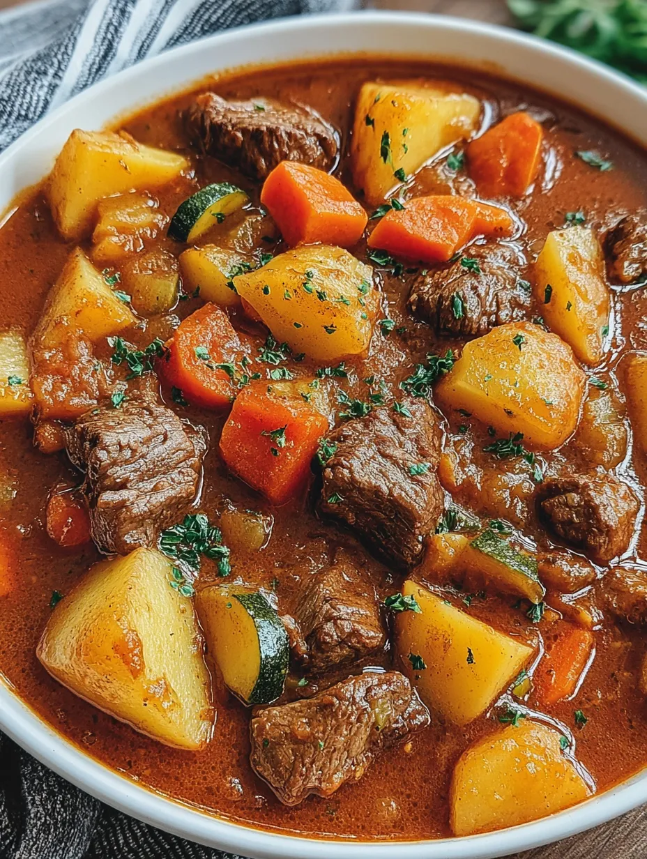 Ein weißer Teller mit einer Mischung aus Fleisch, Gemüse und Sauce.