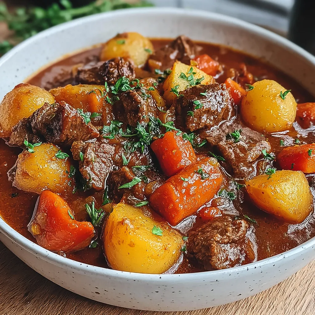 Ein weißer Teller mit einer Mischung aus Fleisch, Gemüse und Sauce.