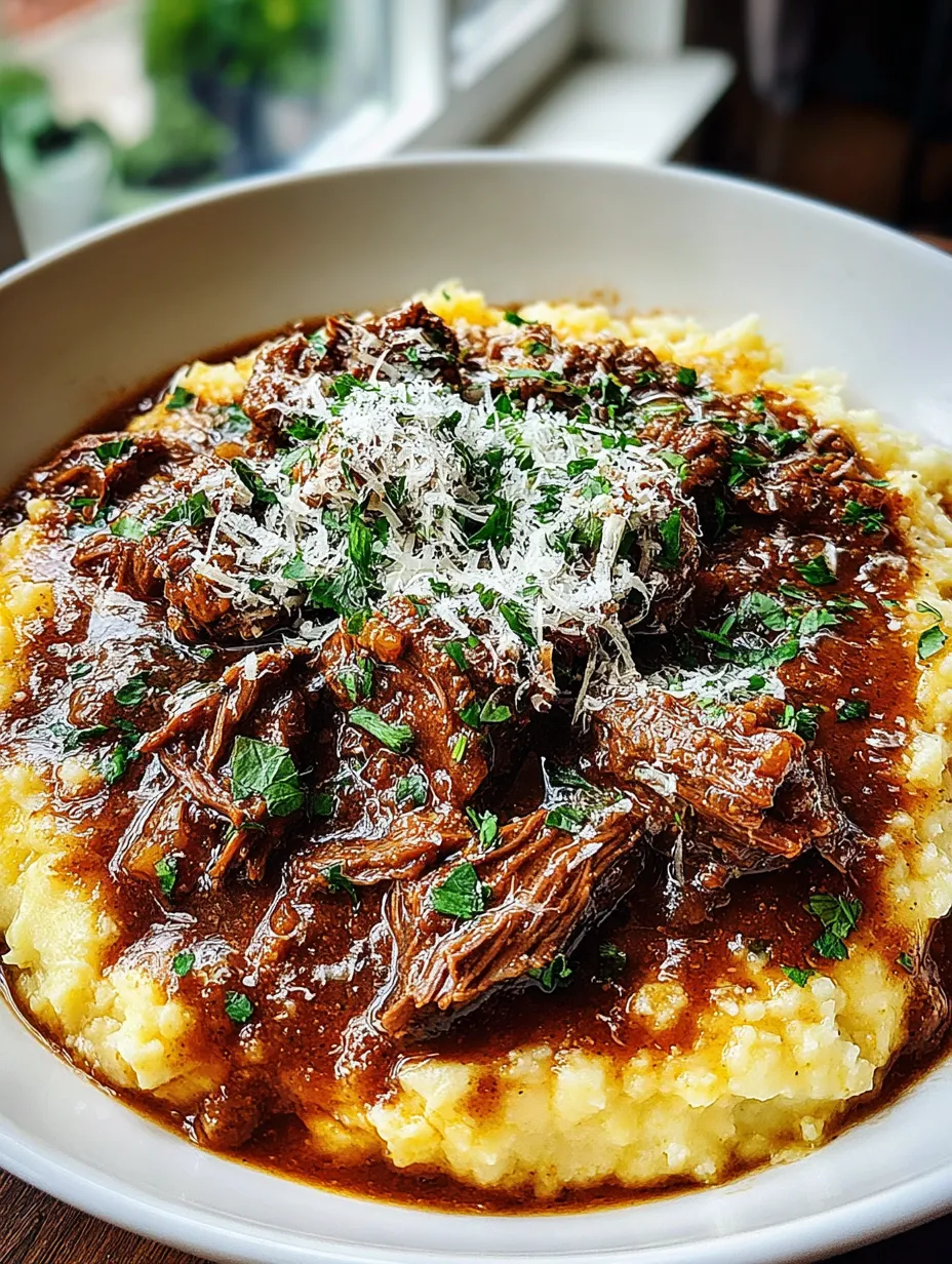 Ein weißer Teller mit einer Mischung aus Pasta, Fleisch und Sauce.