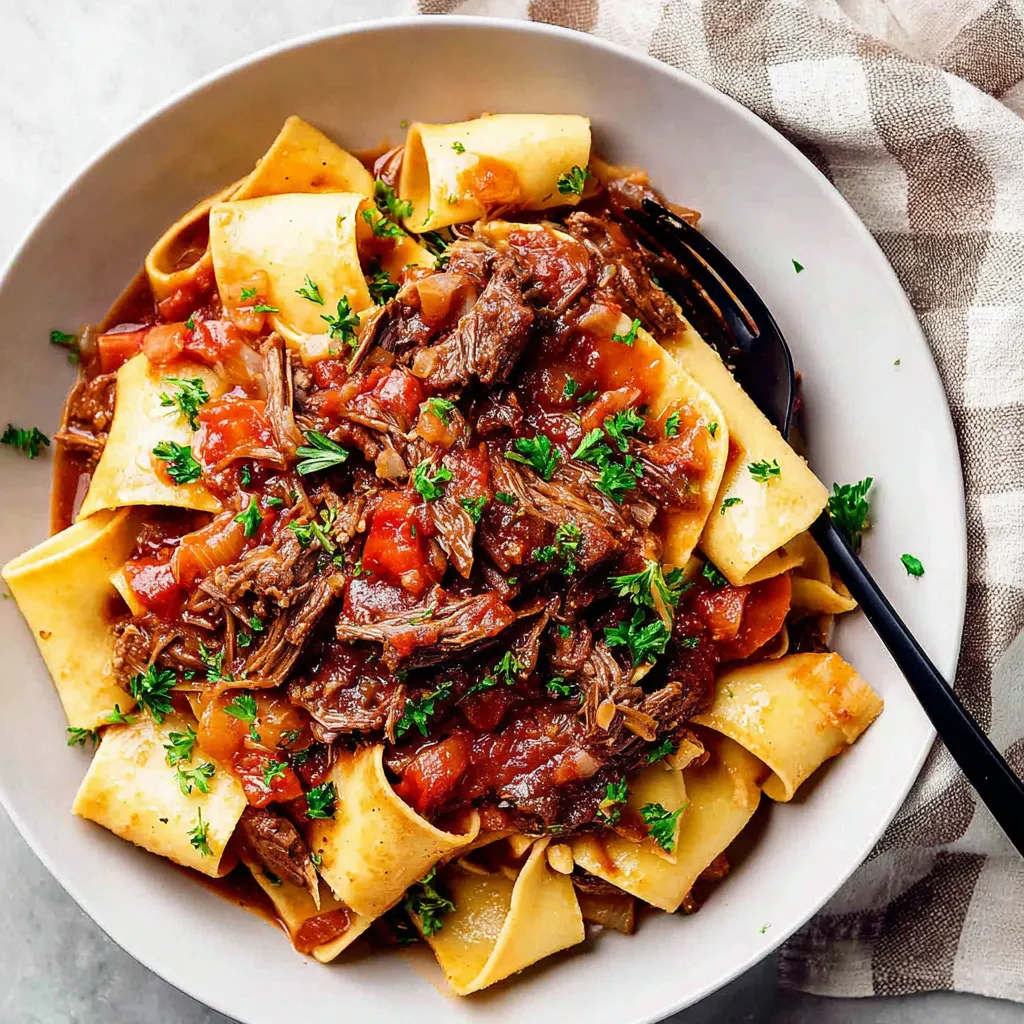 Ein weißer Teller mit Pasta, Beefsteak und Tomaten.