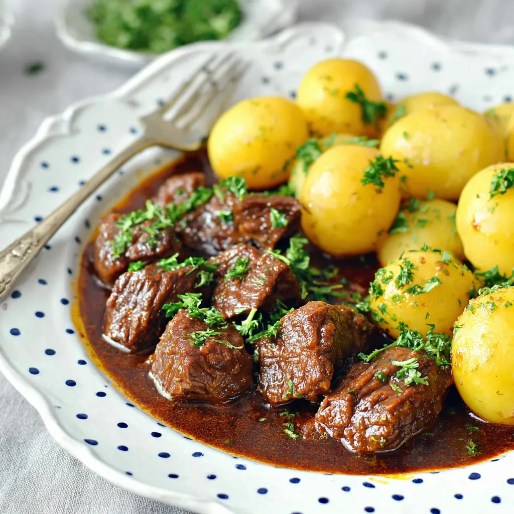 Ein Plate mit Fleisch, Kartoffeln und Zwiebeln.