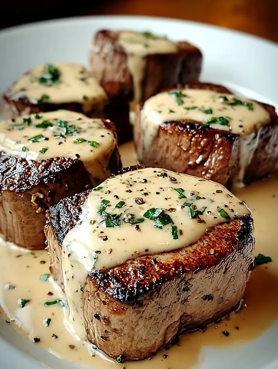 Eine Platte mit sechs Steaks, die mit Sauce und Kräutern garniert sind.