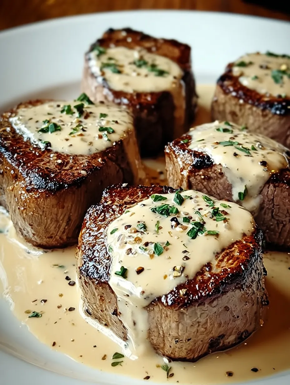 Eine Platte mit sechs Steaks, die mit Sauce und Kräutern garniert sind.