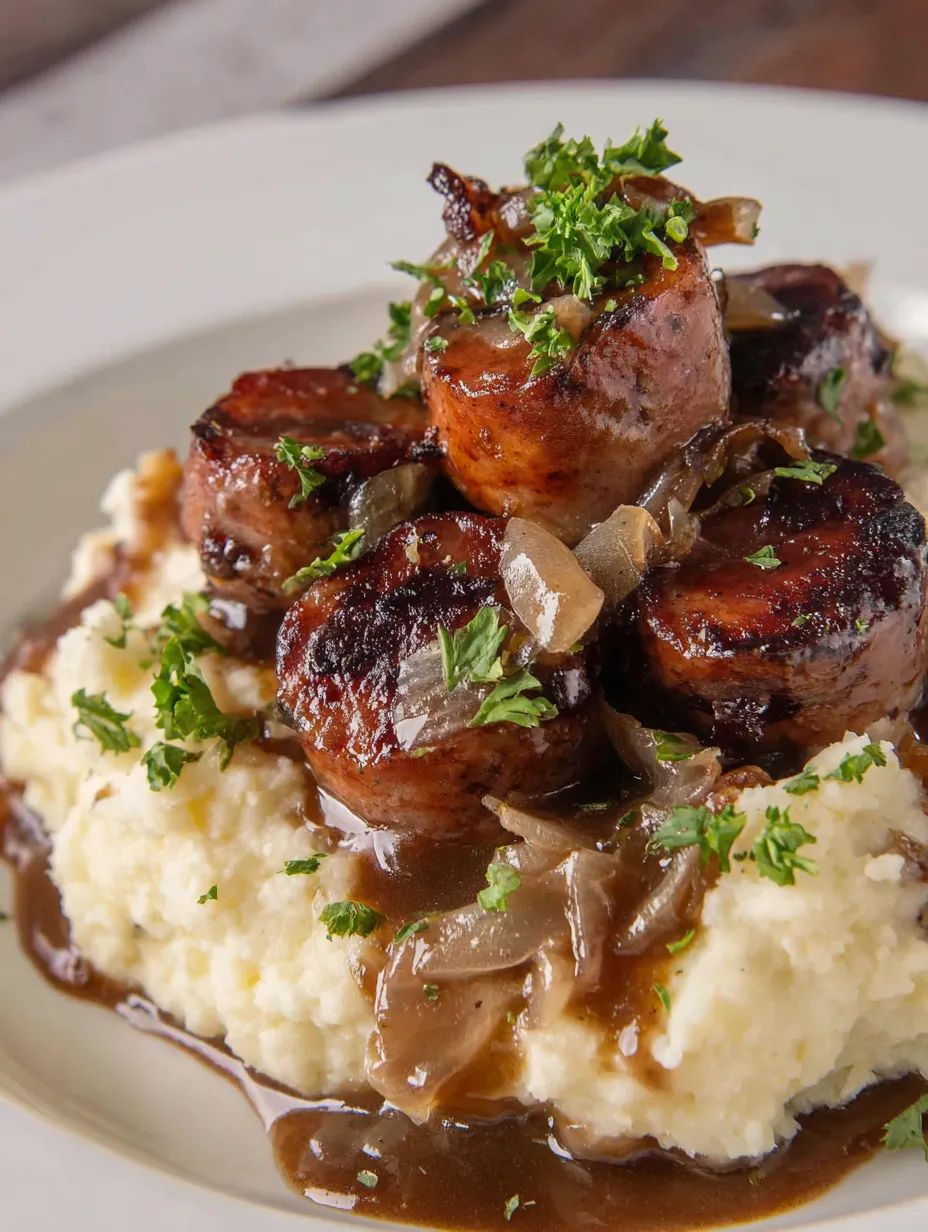 Eine Platte mit gegrillten Schweinebraten, die mit Sauce und Zwiebeln garniert sind.