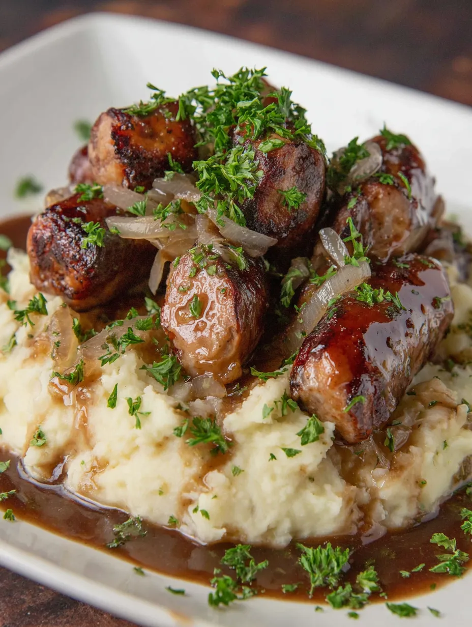 Eine Platte mit gegrillten Schweinebraten, die mit Zwiebeln und Knoblauch garniert sind.