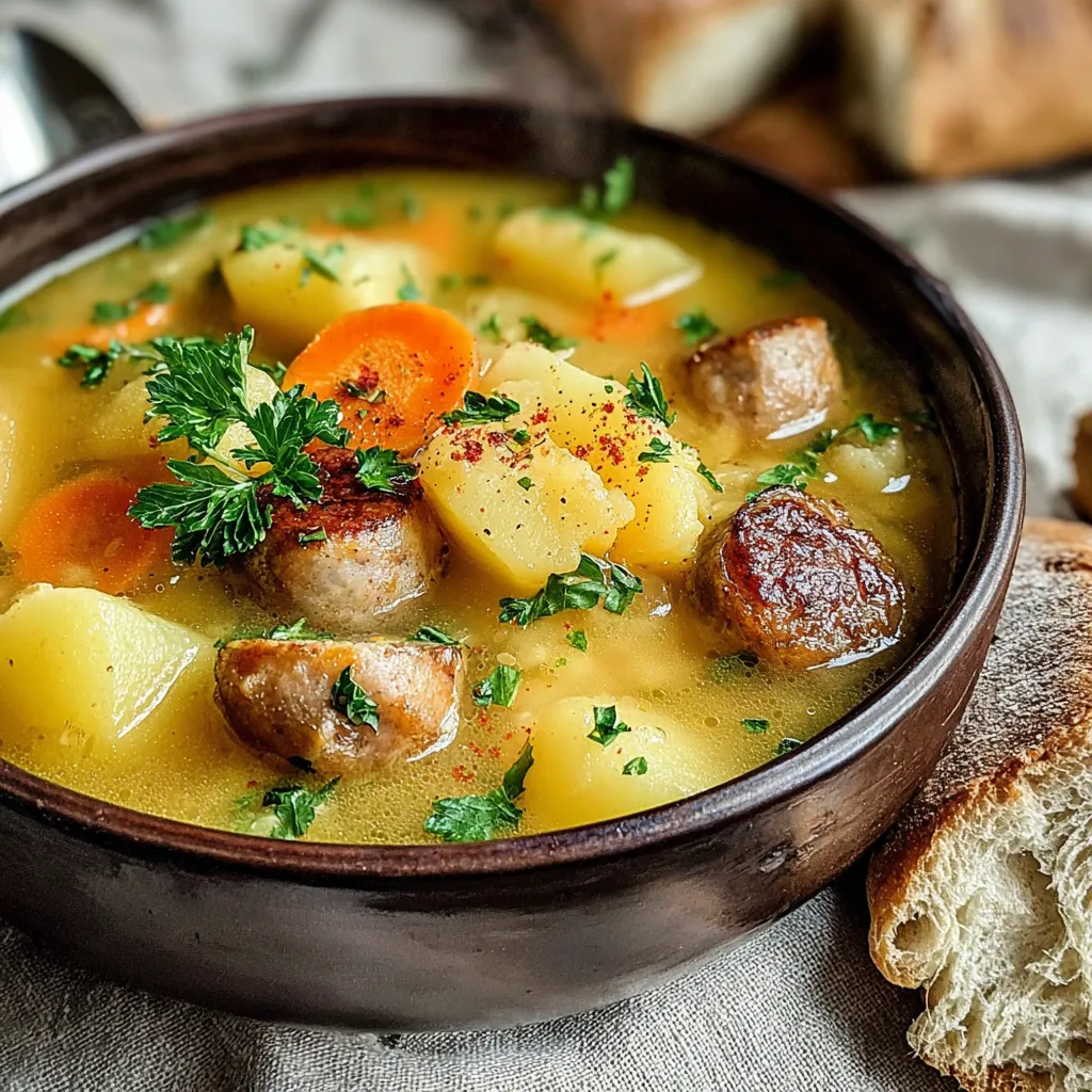 Ein Topf mit einer Mischung aus Gemüse und Fleisch, darunter Sausage, Karotten und Zwiebeln.