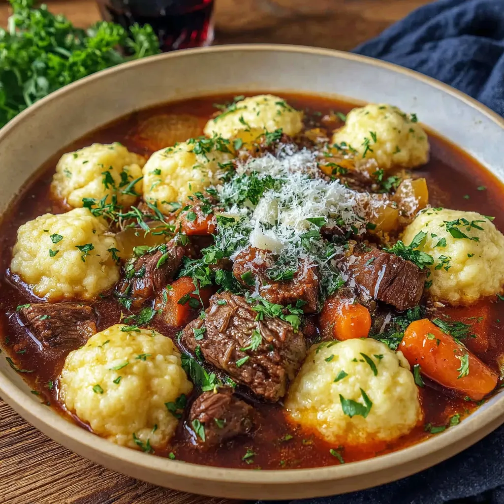 Ein Schüssel mit gegrilltem Fleisch, Kartoffeln, Zwiebeln und Parmesan.