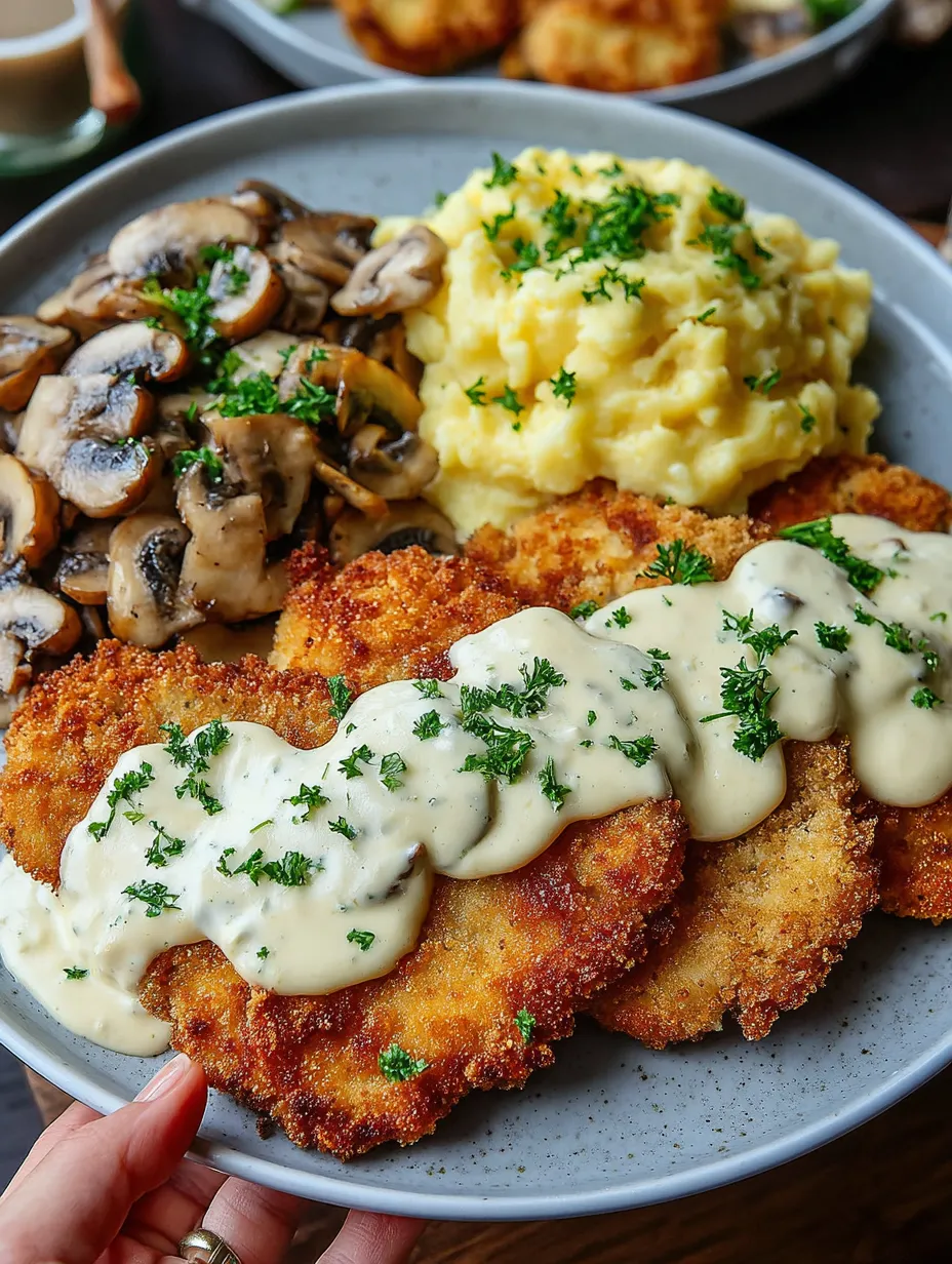 Ein Plate mit verschiedenen Gerichten, darunter Chicken mit Sauce, Mushrooms, Mashed Potatoes und Möhren.