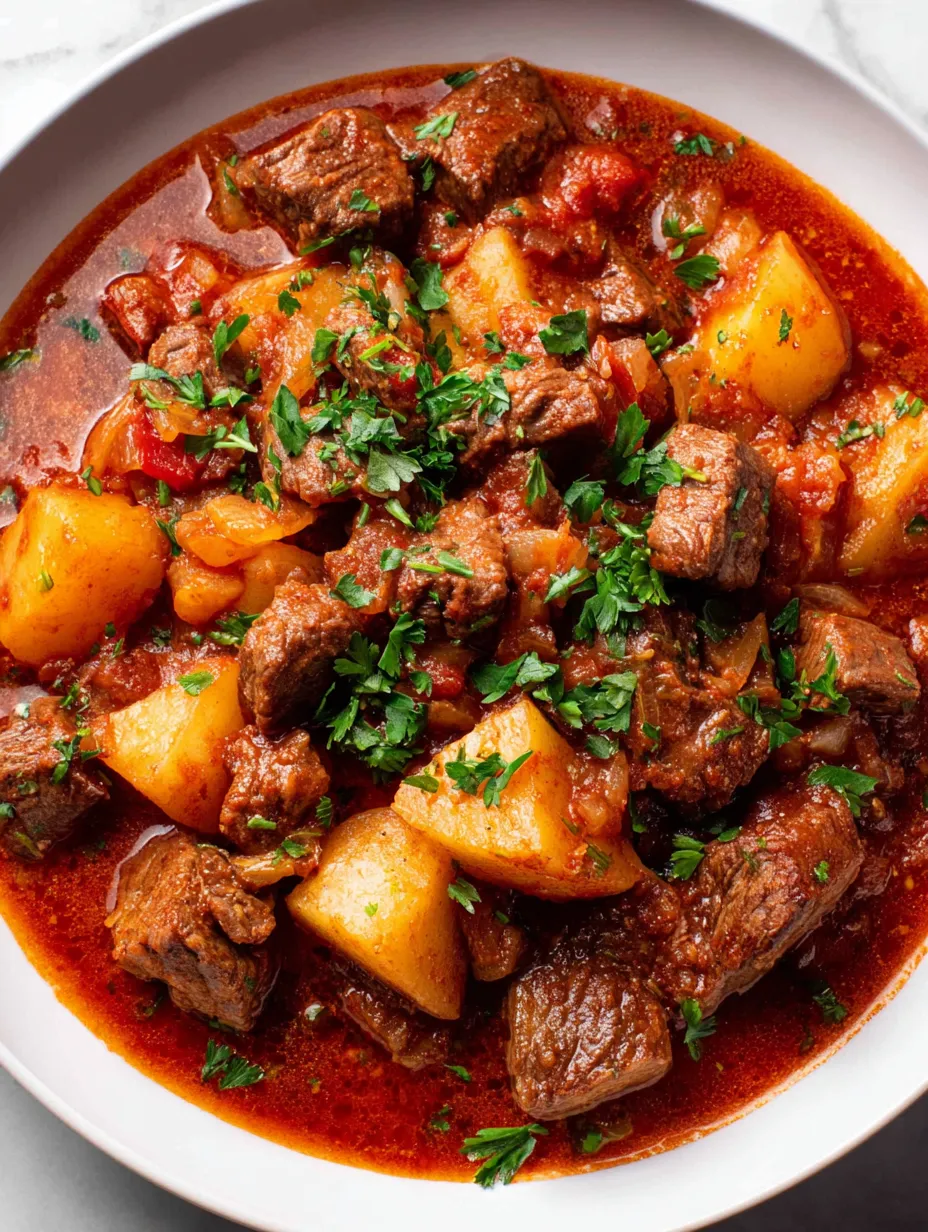 Ein Bild von einer Schüssel mit Fleisch, Kartoffeln und Zwiebeln.