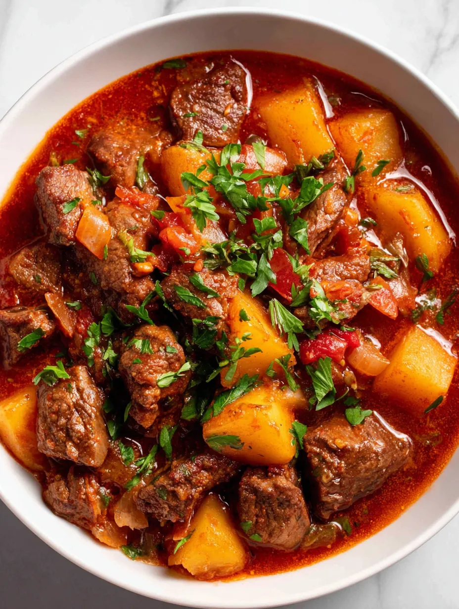Ein weißer Teller mit einer Mischung aus Fleisch, Zwiebeln und Kartoffeln.