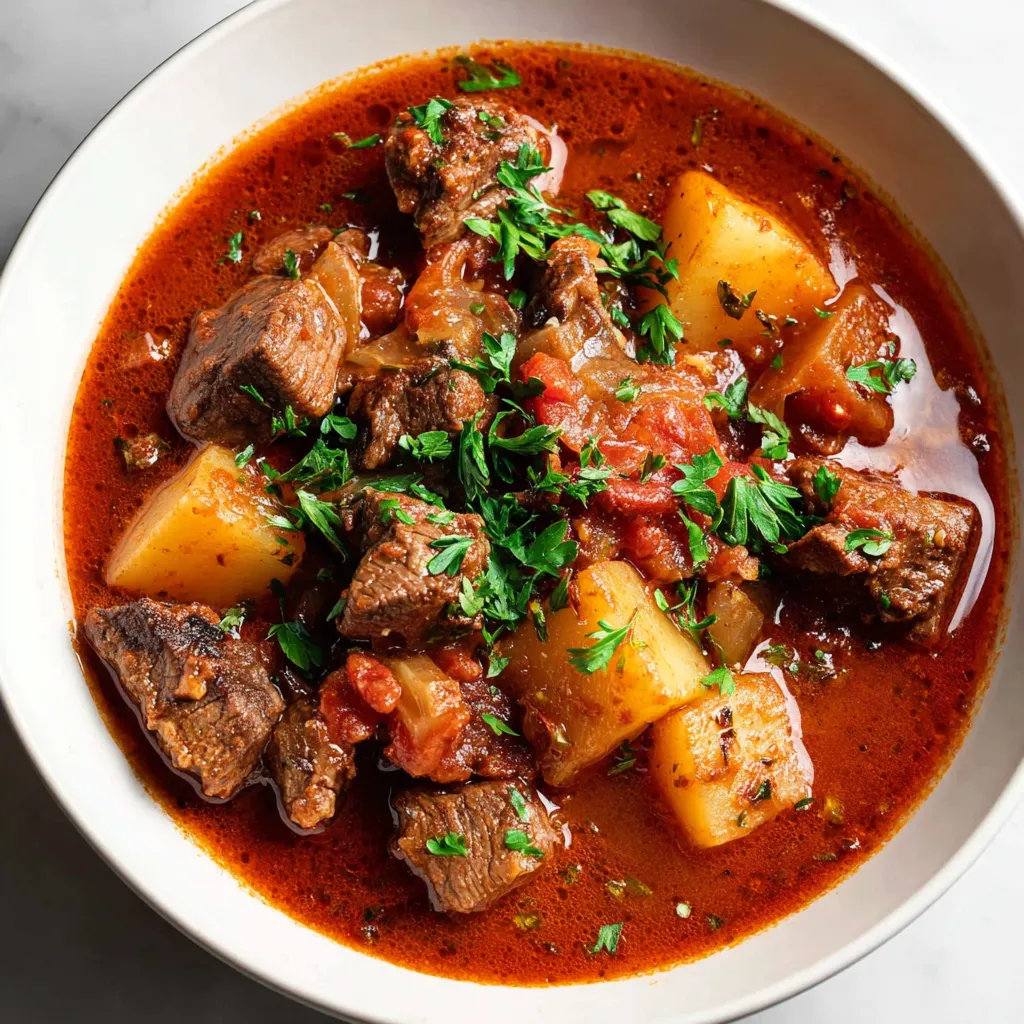 Ein weißer Teller mit einer Mischung aus Fleisch, Kartoffeln, Zwiebeln und Tomaten.