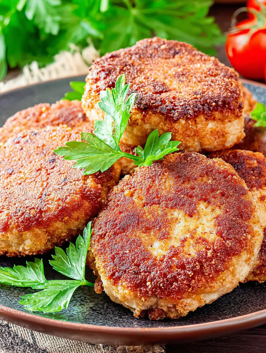 Eine Platte mit sechs frittierten Fleischstücken, die mit Parsley garniert sind.