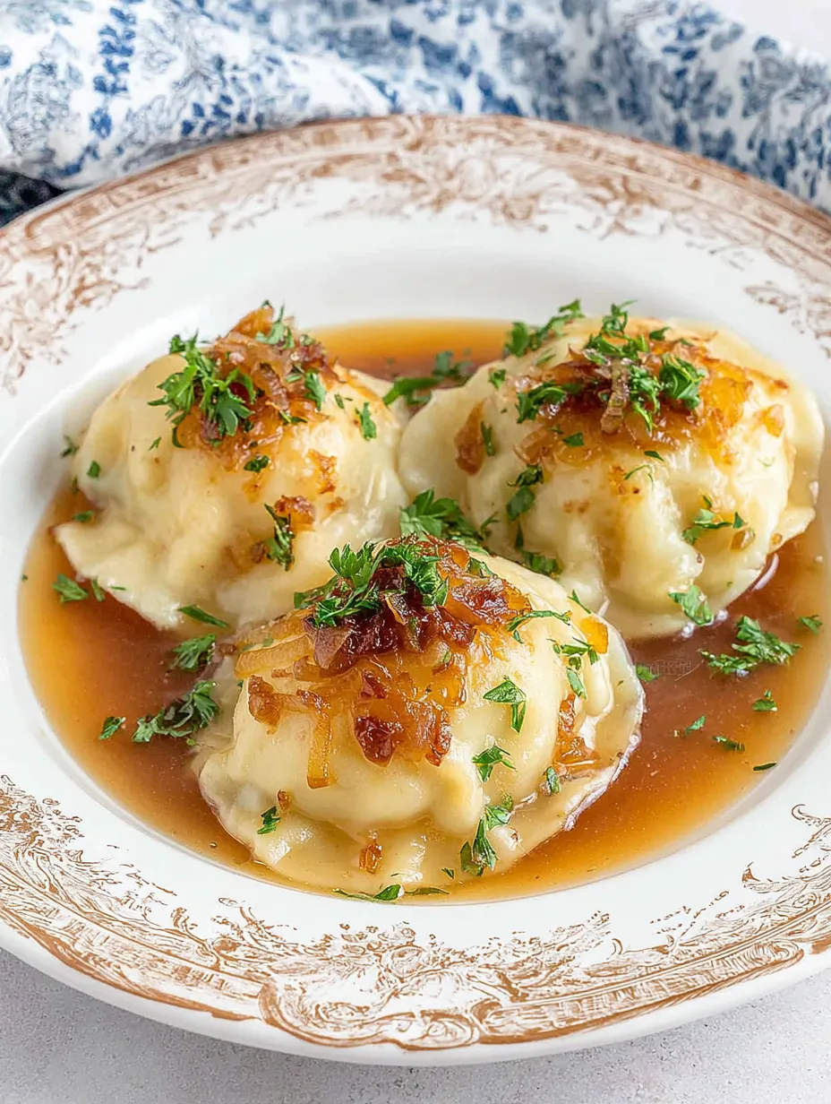 Ein weißer Teller mit vier garnierten Käsekugeln und einer Sauce.
