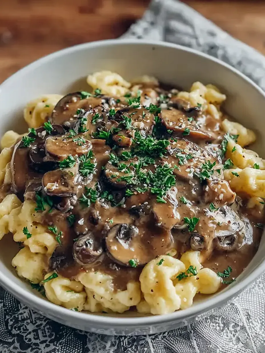 Ein weißer Teller mit macaroni und mushrooms.