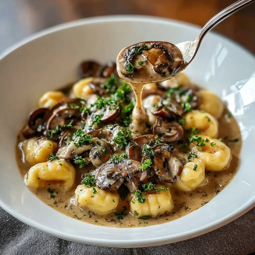 Ein weißer Teller mit einer Mischung aus Pasta, Mushrooms und Zwiebeln.