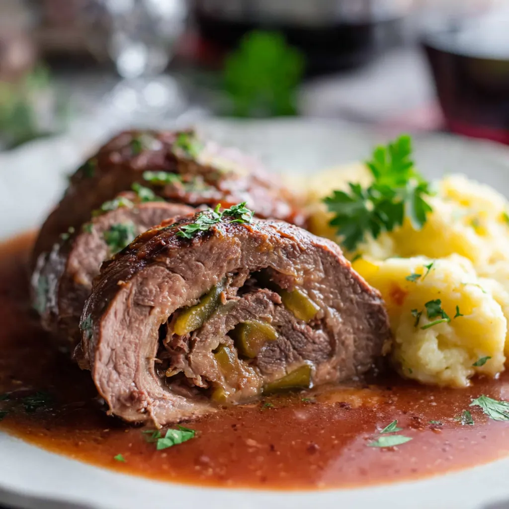 Ein Plate mit Fleisch, Kartoffeln und Gemüse.