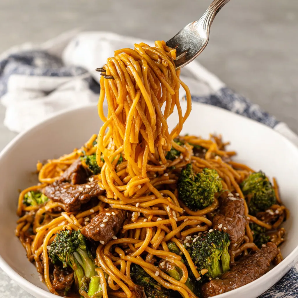 A bowl of noodles with meat and broccoli.