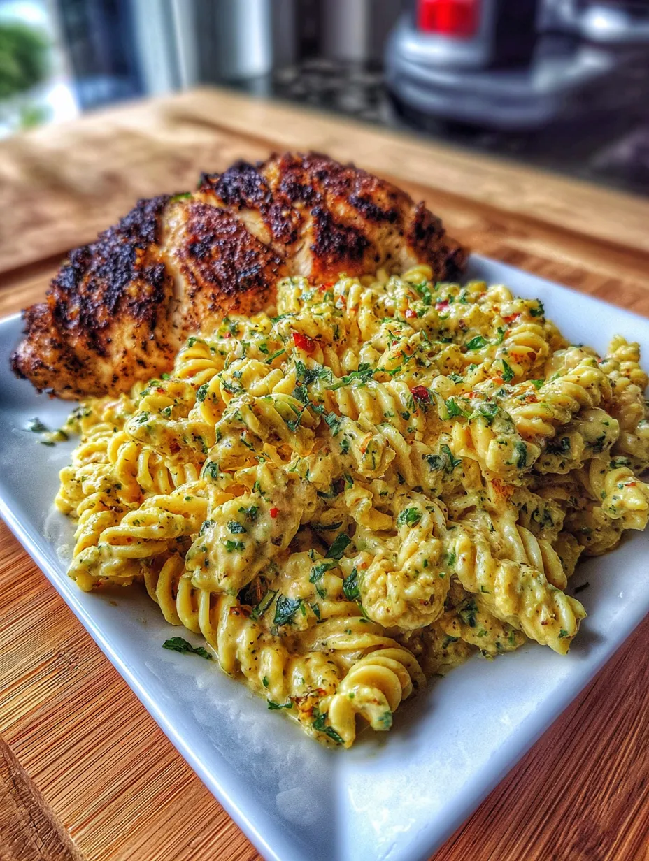 Ein weißer Teller mit Pasta und Zwiebeln.