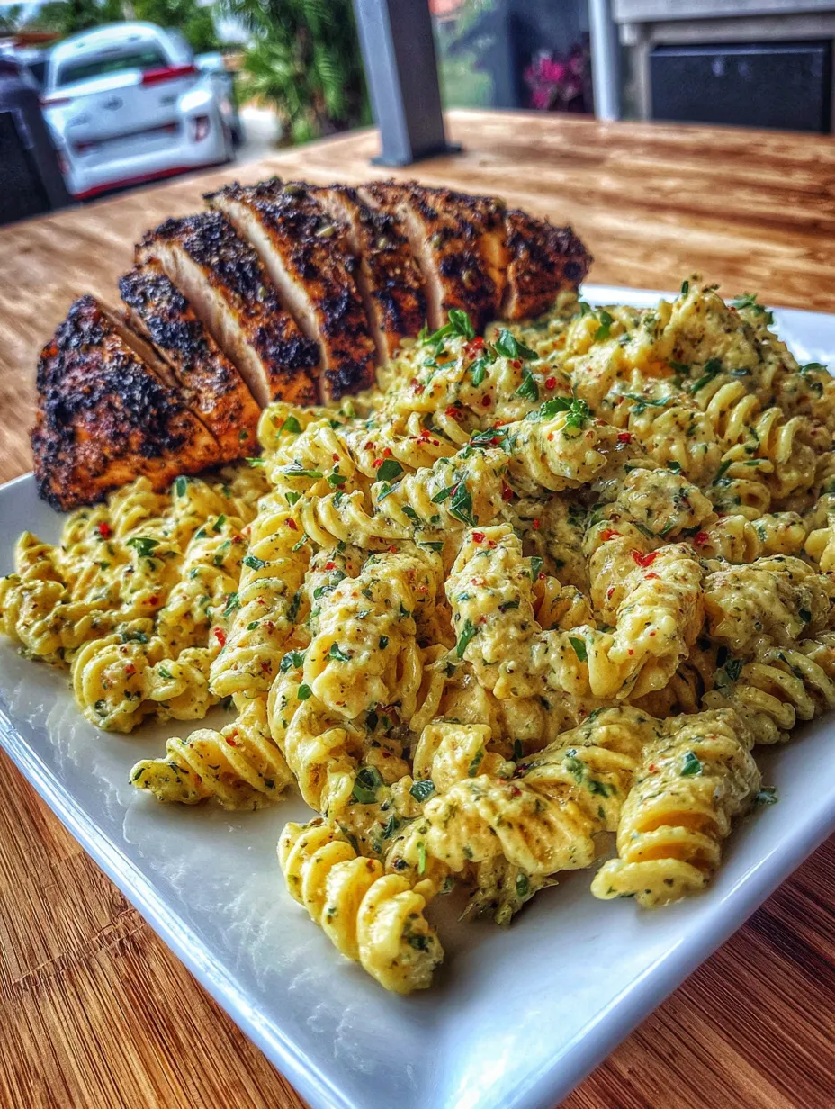 Ein weißer Teller mit Pasta und Zwiebeln.