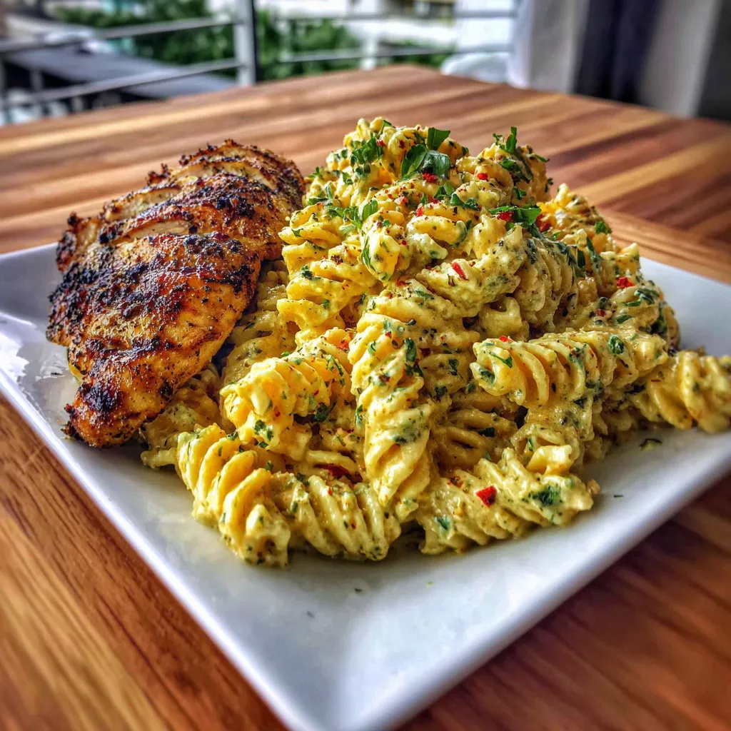 Ein weißer Teller mit einer Mischung aus Pasta und Chicken.