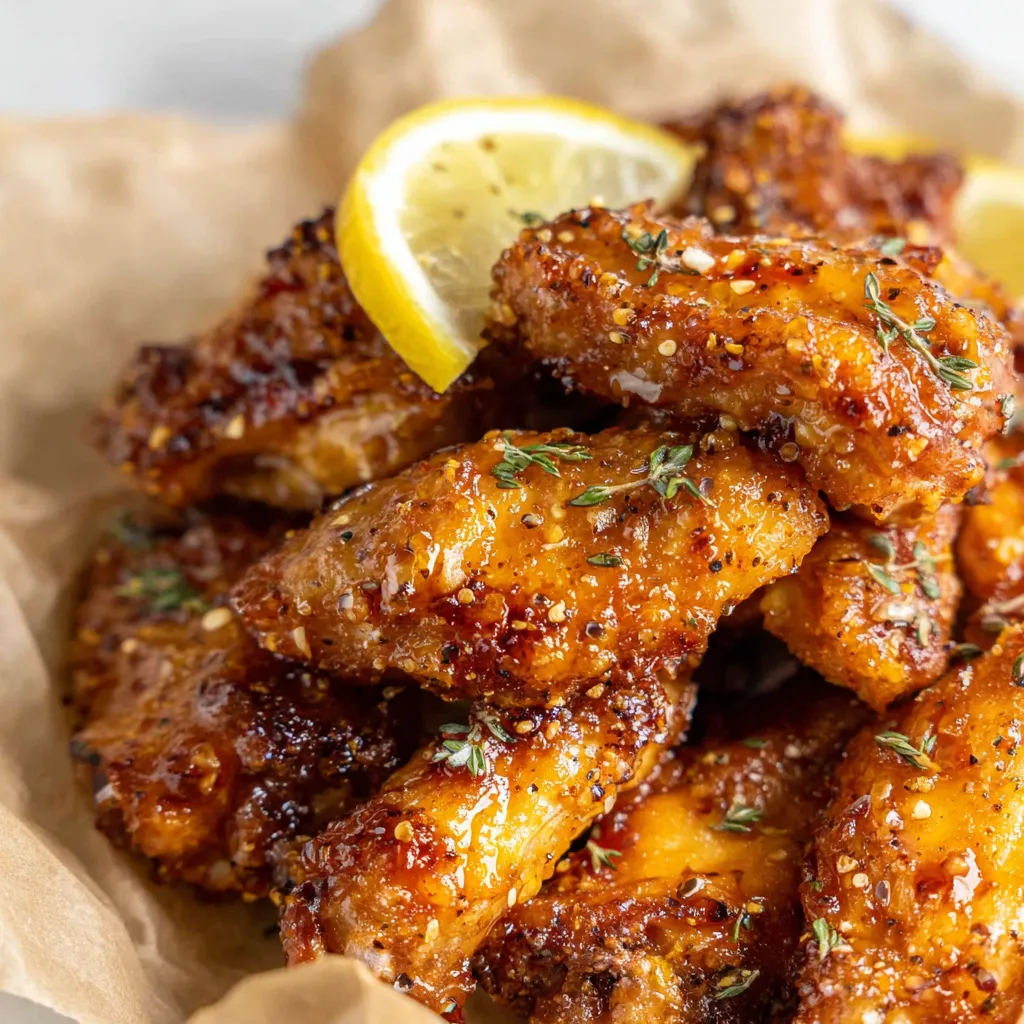 Eine Tasse mit frisch zubereiteten Chicken-Wings, die mit Zitrone und Gewürzen garniert sind.