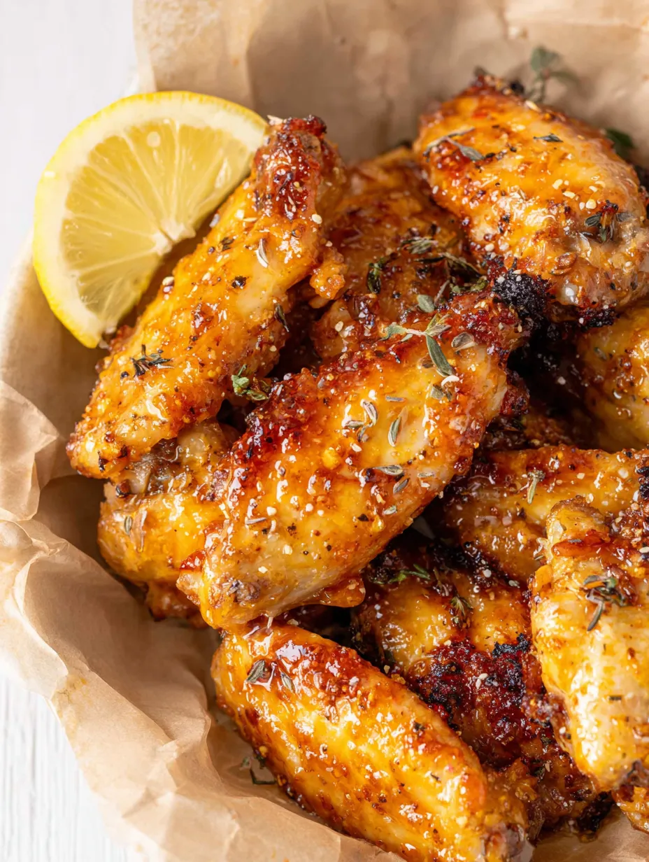 Ein Bündel von gebratenen Chicken-Wingstücken, die mit Gewürzen und Zitrusfrüchten zubereitet wurden.